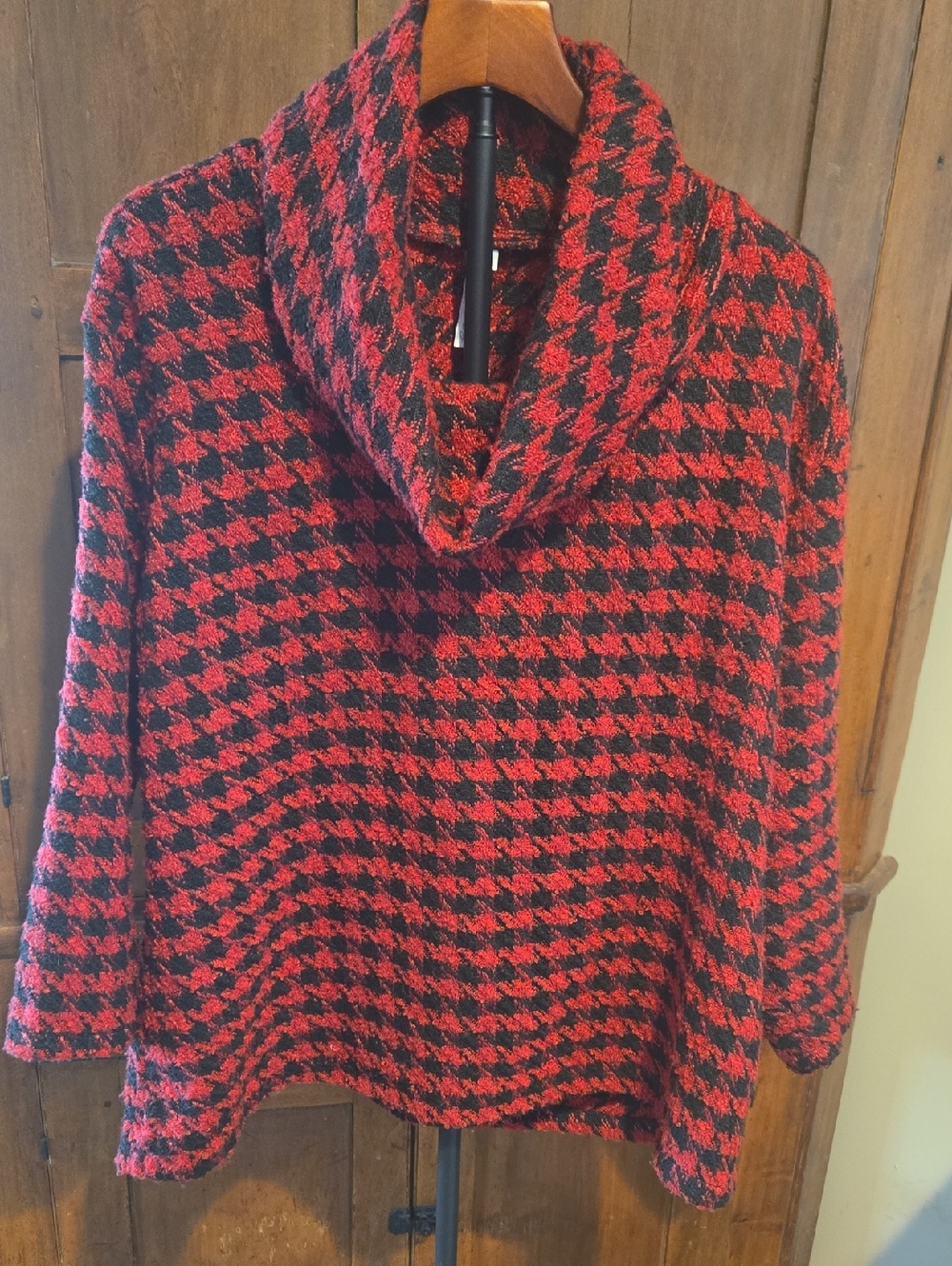 Lulu-B Red and Black Houndstooth Cowl Sweater